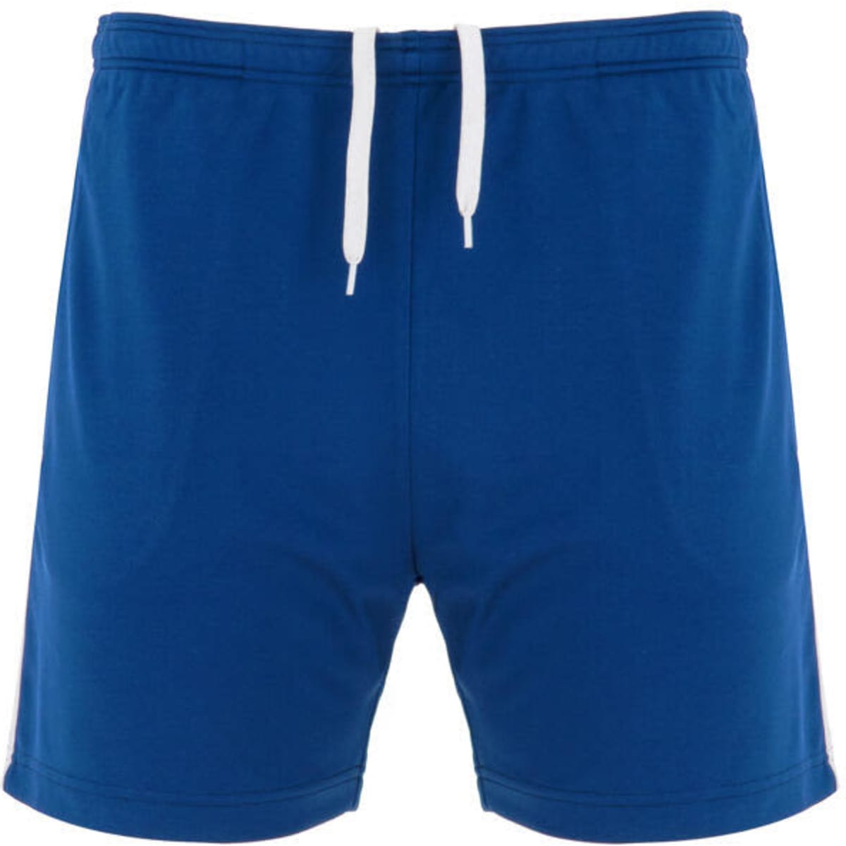 Blue sports shorts featuring a drawstring waistband and a logo on the side.