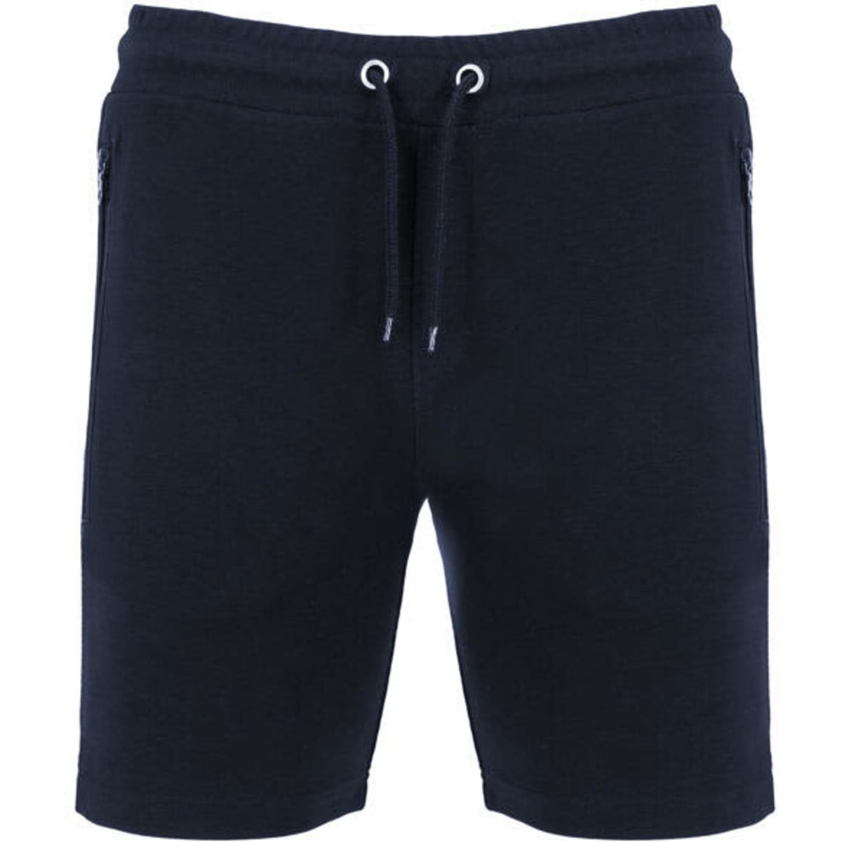 Dark navy shorts with a drawstring waistband and side pockets. Features a logo on the design.