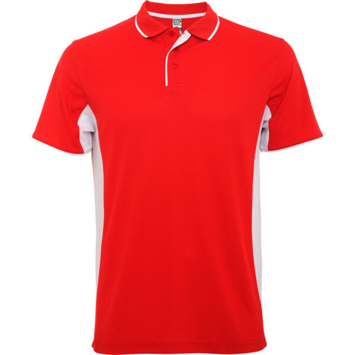 A red polo shirt with white side panels and a contrasting collar. The shirt features a logo.