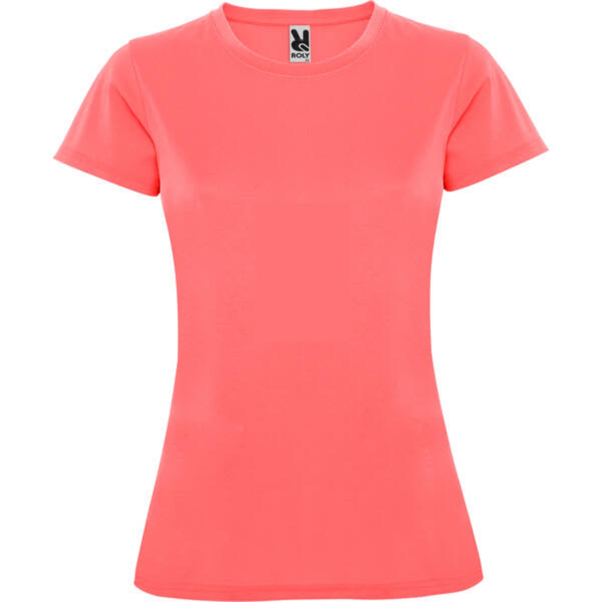 A coral women's T-shirt featuring a fitted design and short sleeves, with a logo on the label.
