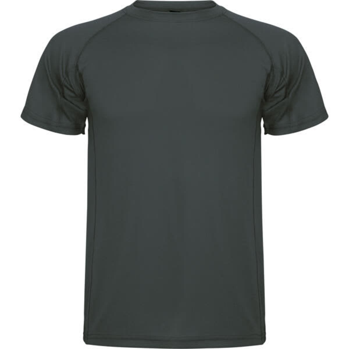 A dark grey t-shirt with short sleeves and a rounded neckline. It features a logo on the chest.
