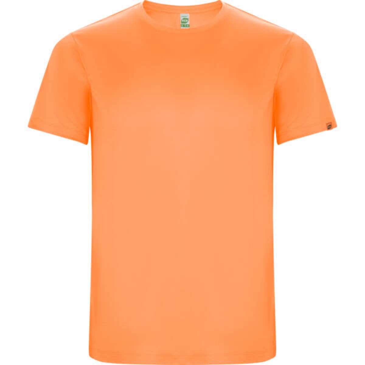 An orange Imola T-Shirt with a short sleeve design and a logo on the side.