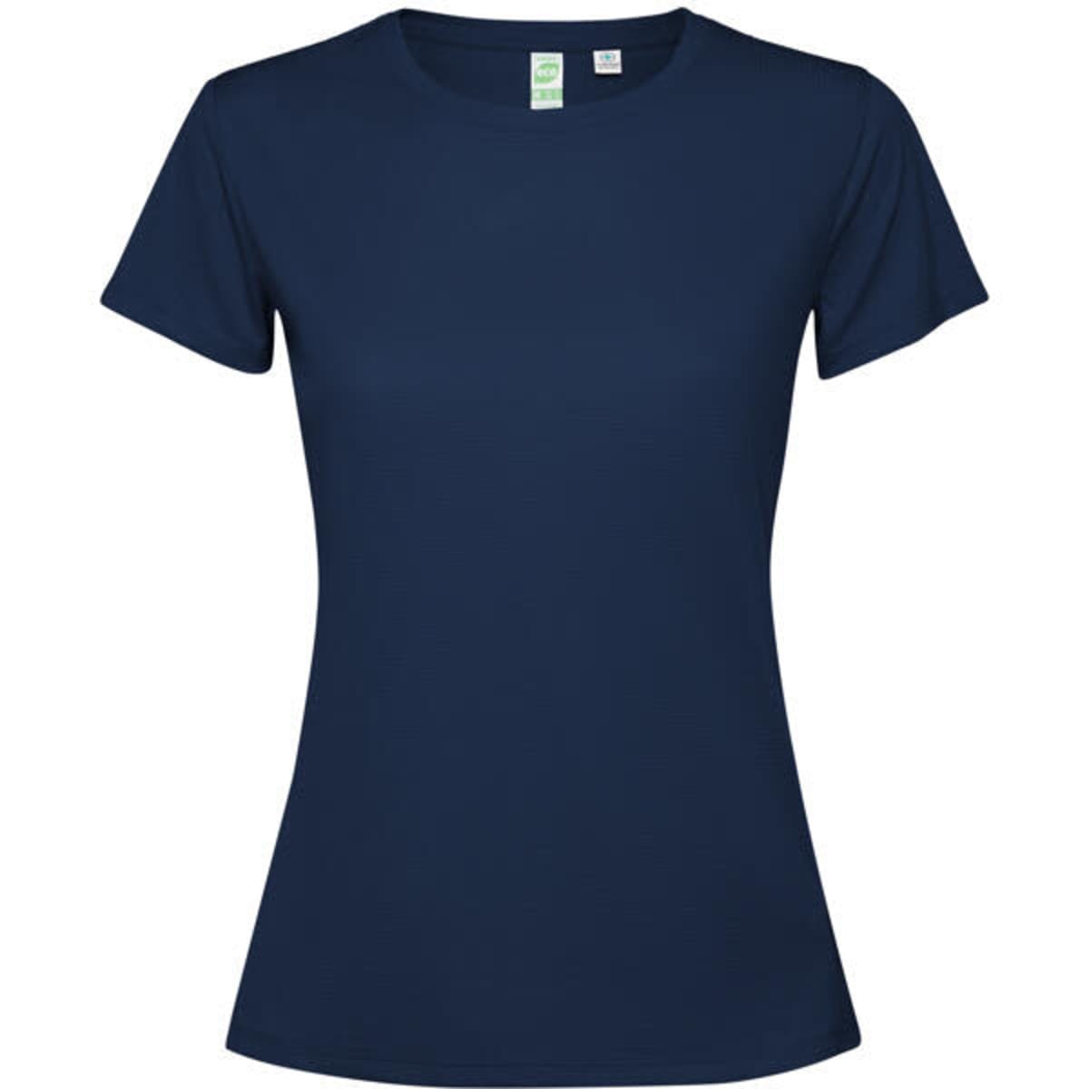 A navy blue women's T-shirt with short sleeves and a fitted design, featuring a logo on the label.