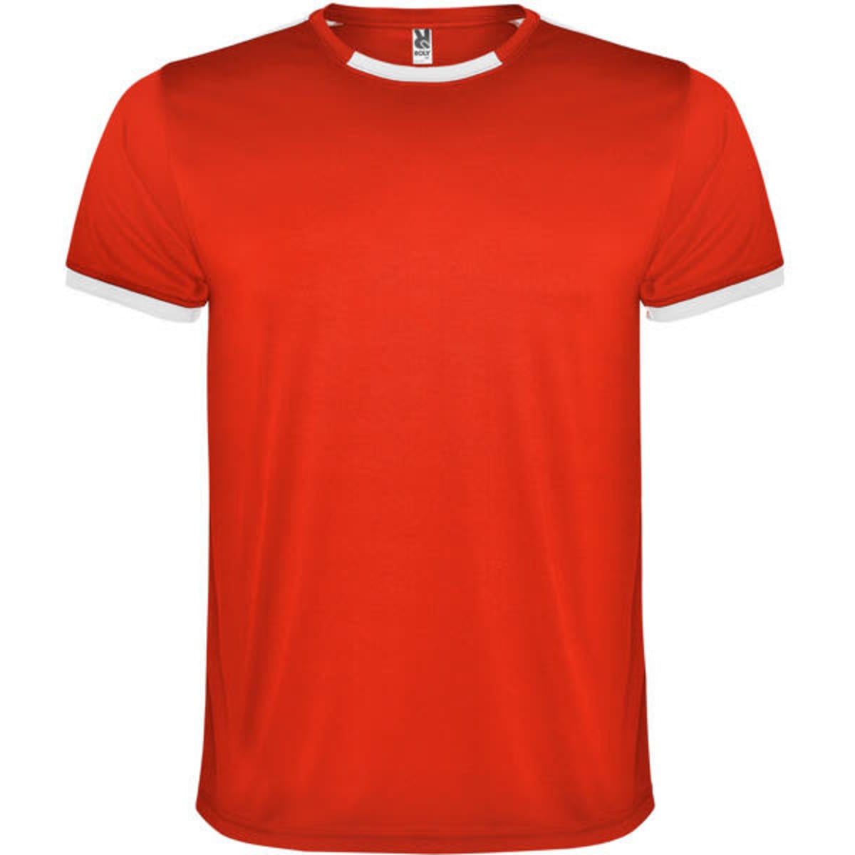 A red sports t-shirt with white accents, featuring a logo on the neckline. Suitable for various sports activities.
