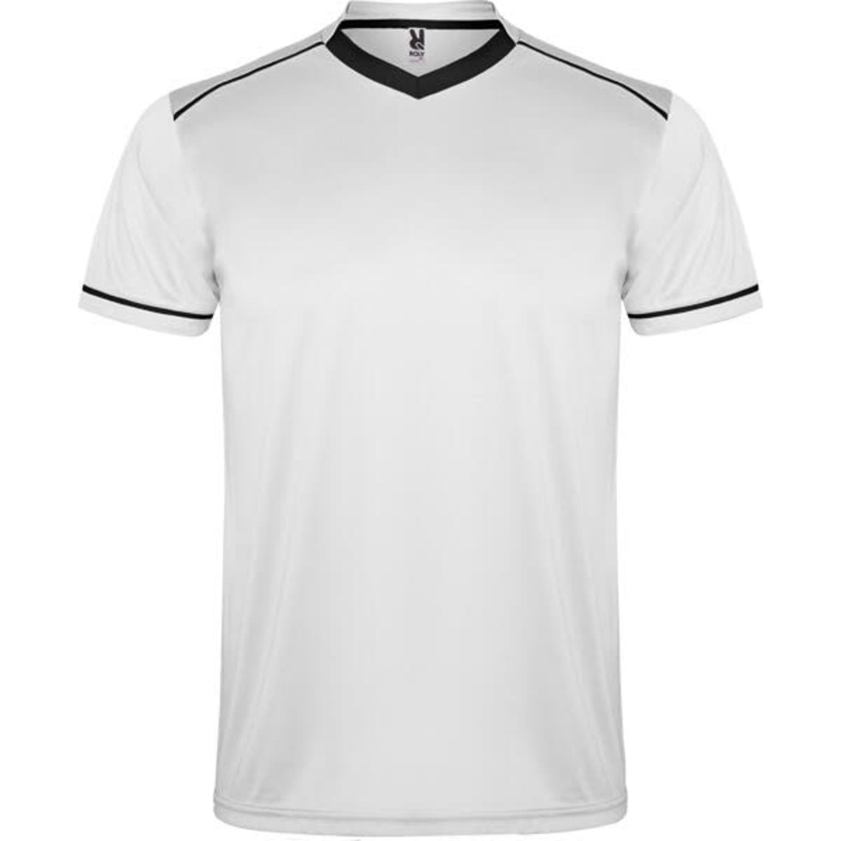 A white sports uniform t-shirt with black accents and a V-neck design. It features a logo on the front.