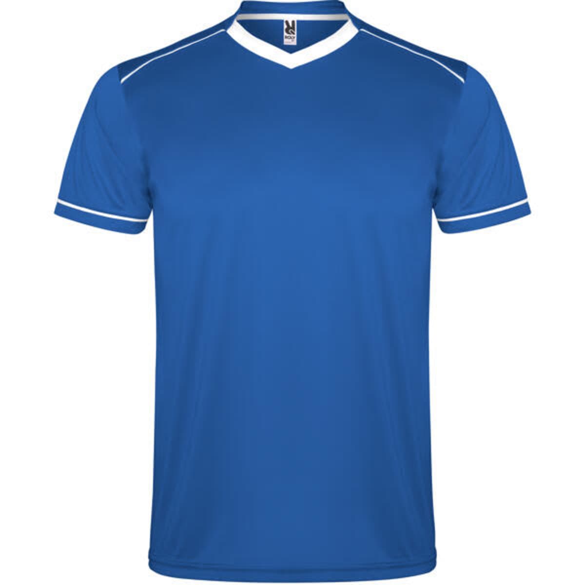 A blue sports uniform top with white accents and a V-neck design, featuring a logo.