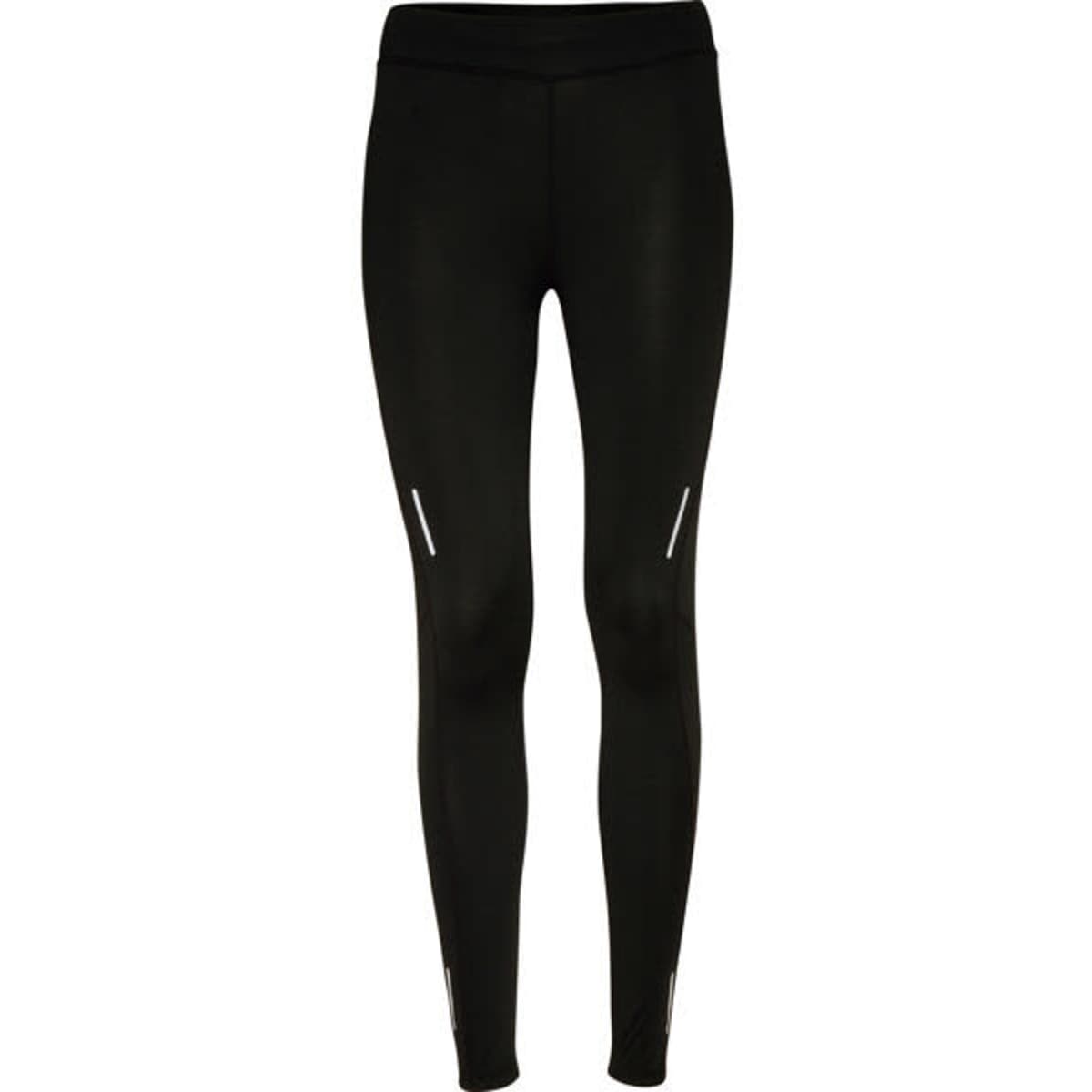 Black leggings featuring reflective detailing, designed for comfort and functionality. Includes a branding logo.