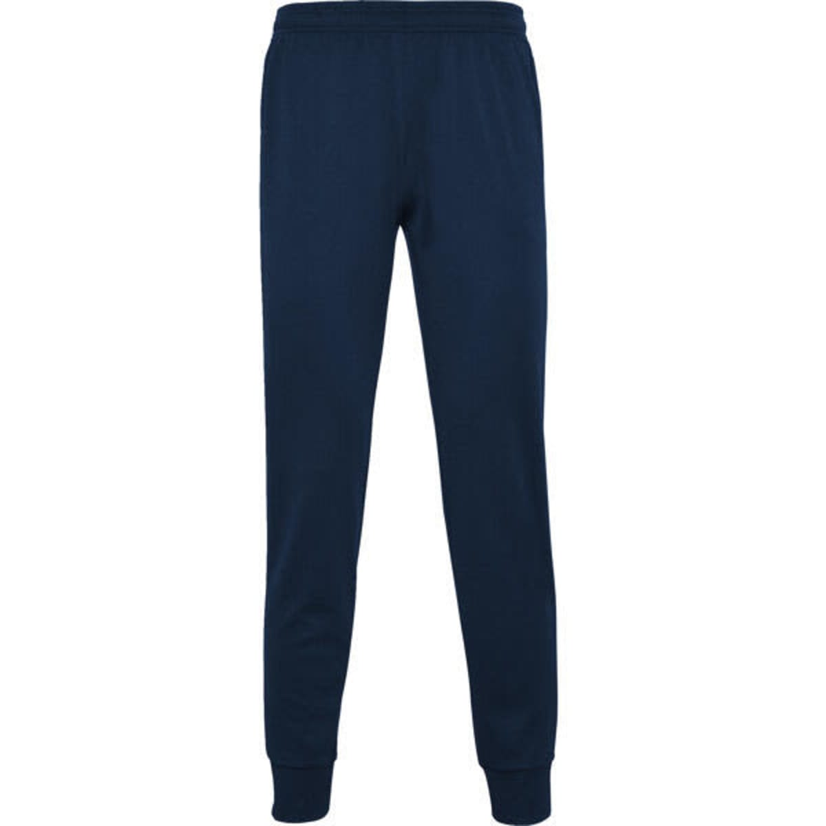 Navy track pants with an elastic waistband and cuffed ankles, featuring a logo. Suitable for casual and athletic wear.