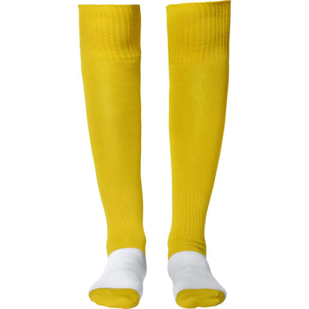 Yellow soccer sport socks with white foot sections, featuring a logo on the upper part.