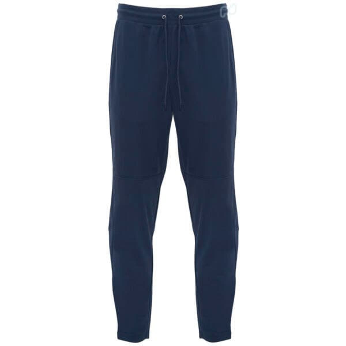 Navy track pants with a drawstring waistband, featuring a logo on one side.
