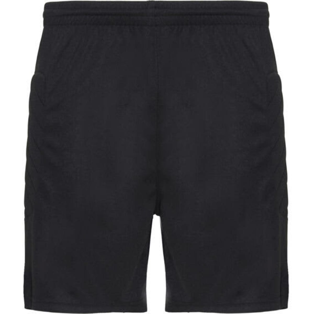 Black goalkeeper shorts with an elastic waistband and pockets, featuring a logo. Ideal for sports uniforms.