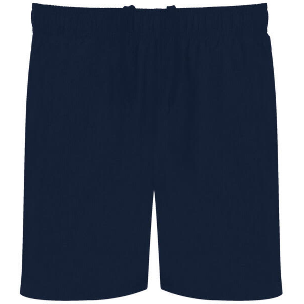 Navy blue sports shorts with an elastic waistband and a simple design. Includes a logo.