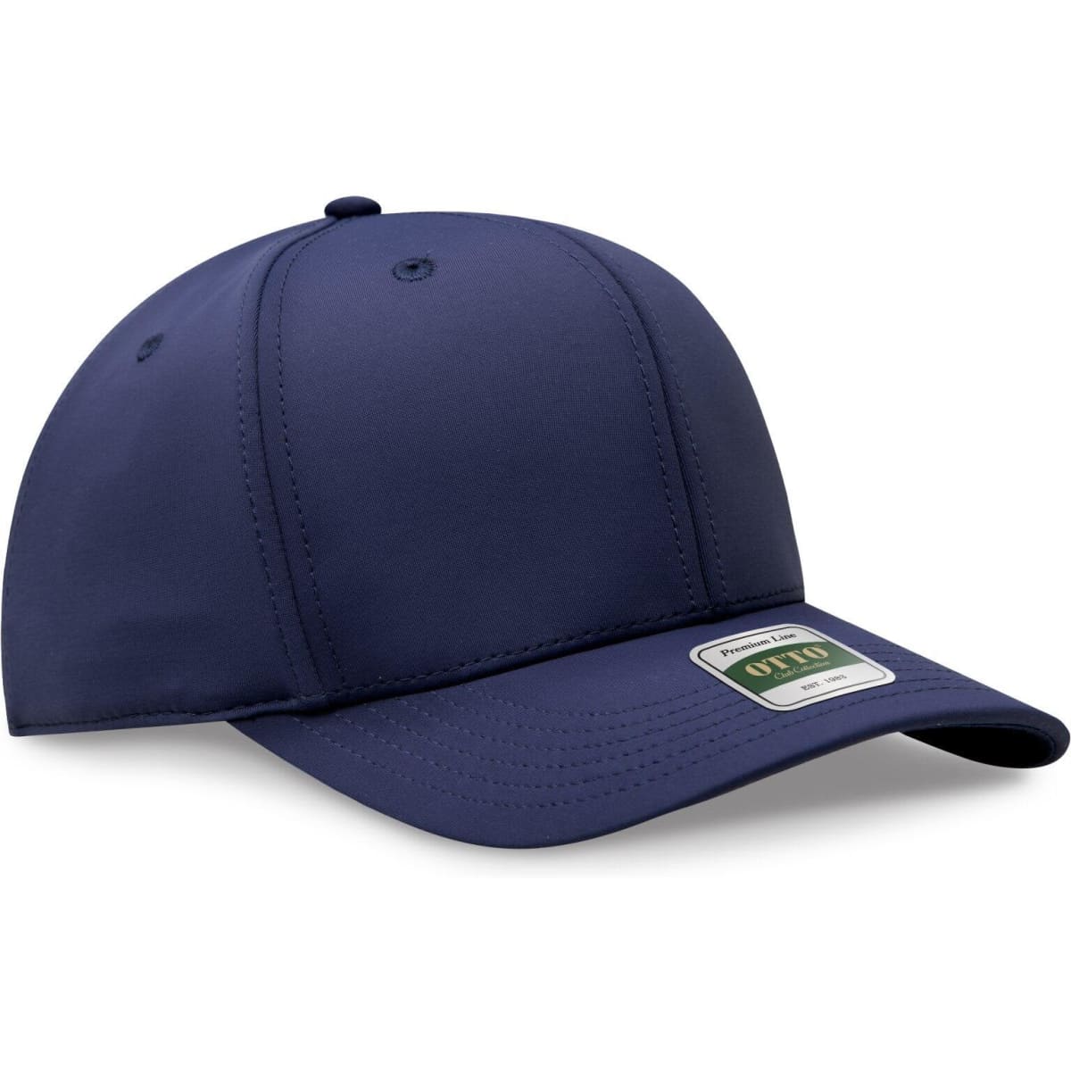 A navy blue six-panel cap with a structured design and a logo on the front.