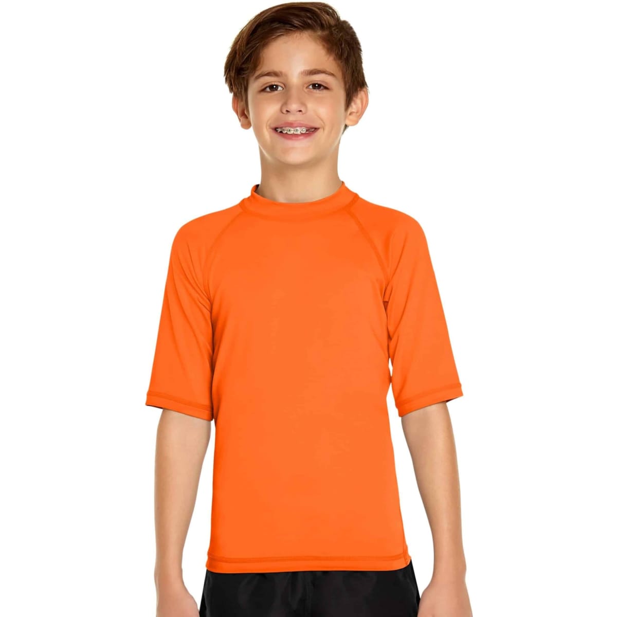 A youth short sleeve rashie in vibrant orange, featuring a logo, designed for sun protection with UPF 50+.