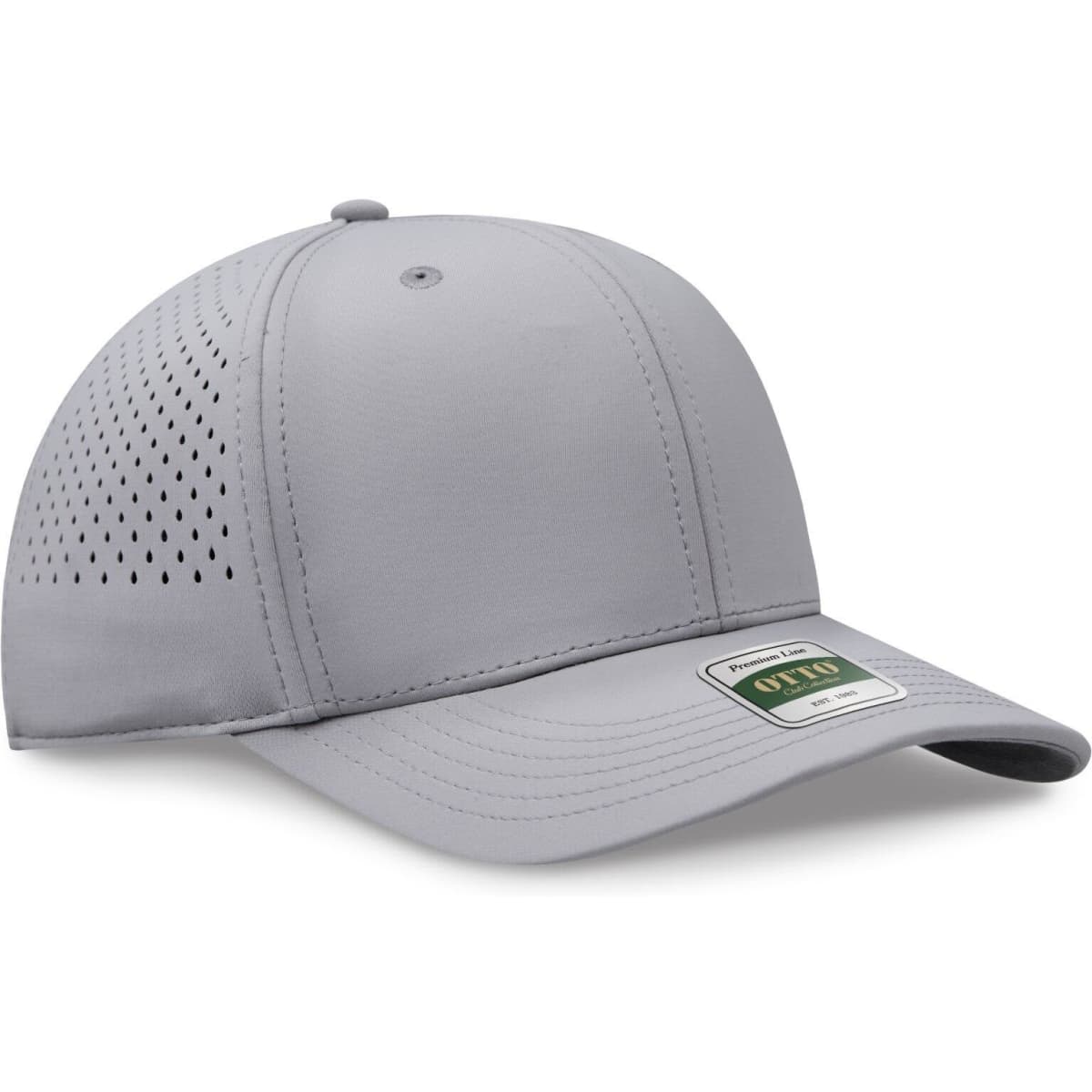 A grey perforated cap with a structured six-panel design and an adjustable strap, featuring a logo.