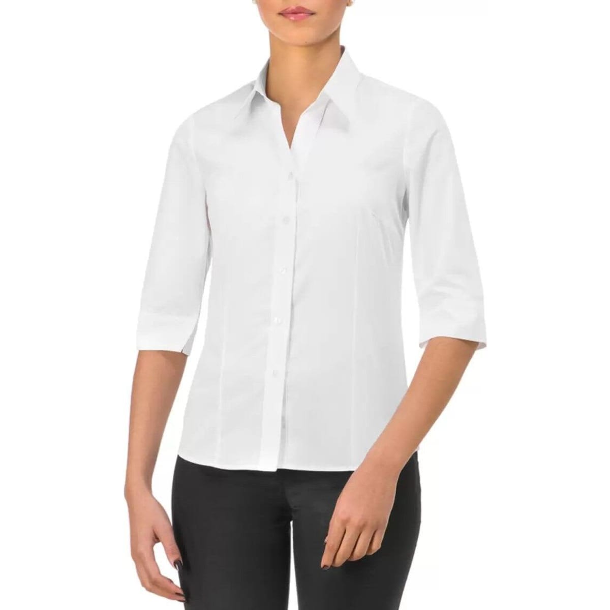 A white women's shirt with three-quarter sleeves and a button-up front, featuring a collar.