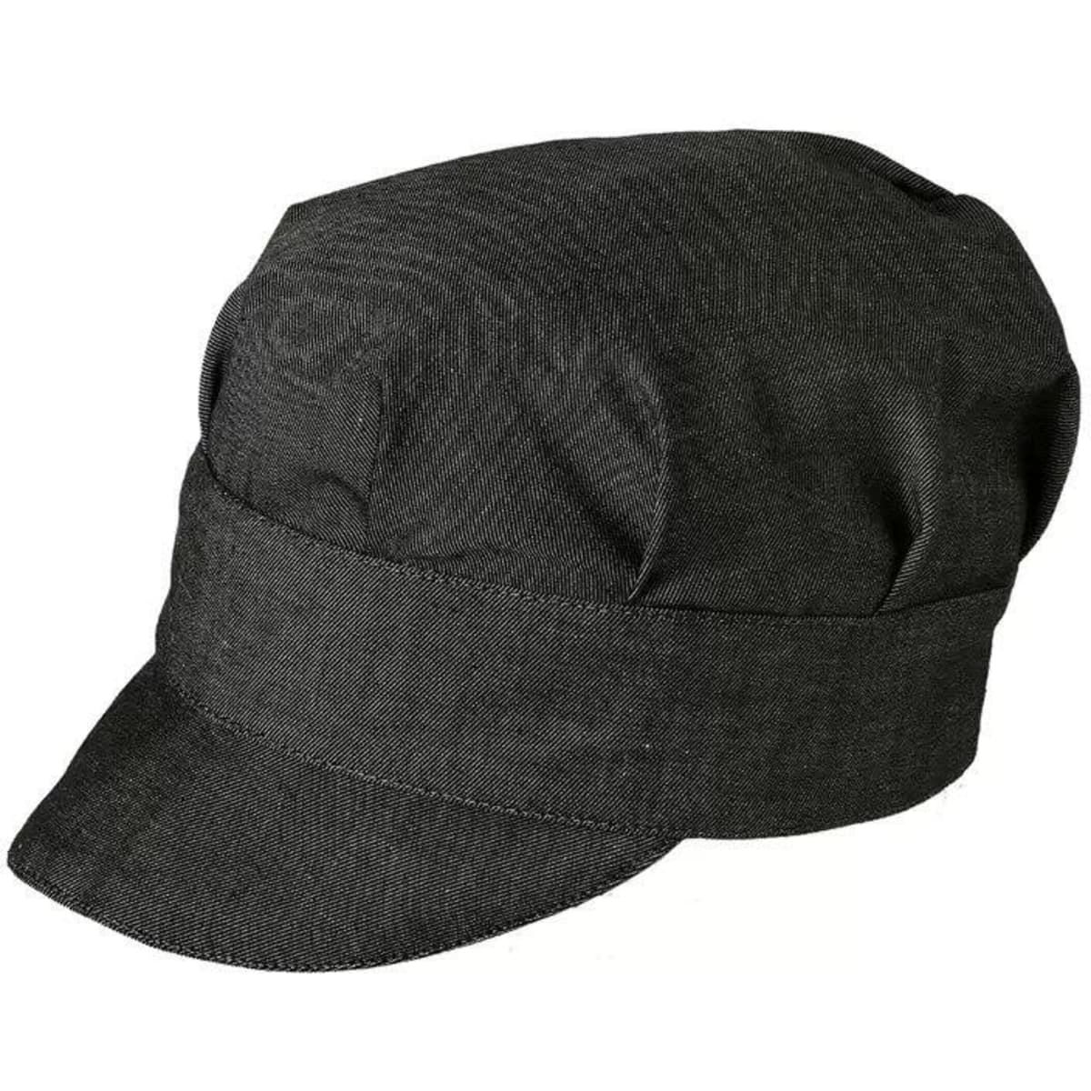 A grey cap with a rounded crown and a flat brim, featuring a simple branding logo.