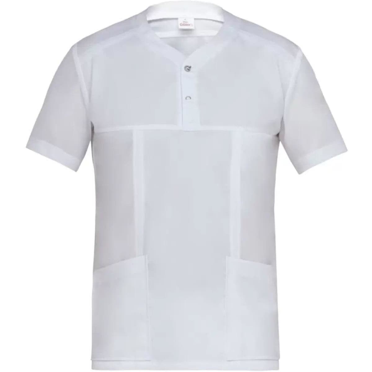 A short-sleeved, white Connor Jacket featuring a buttoned neck and two front pockets, with a logo displayed.