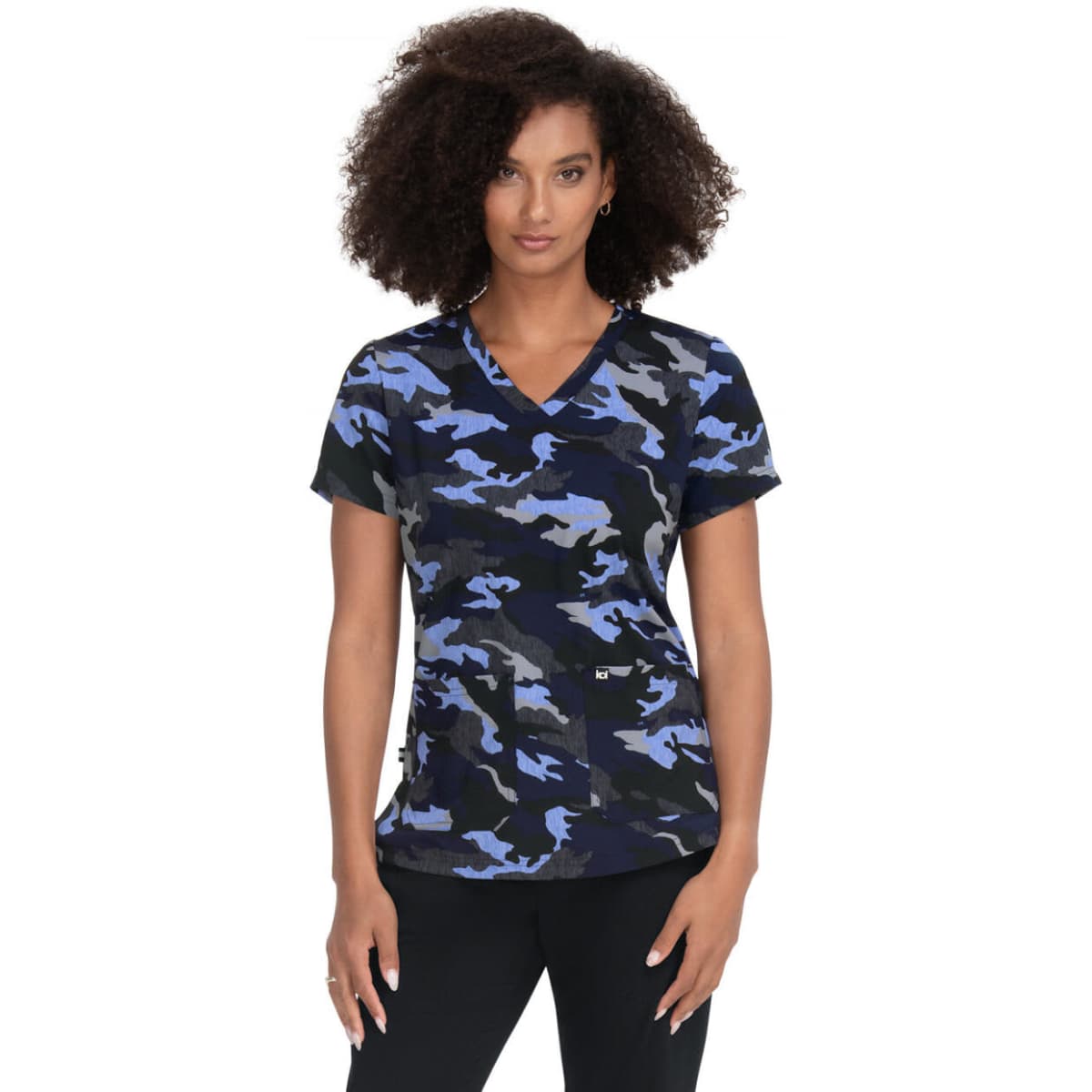 A blue and black camouflage print top featuring a V-neck design and short sleeves. The product has a logo.