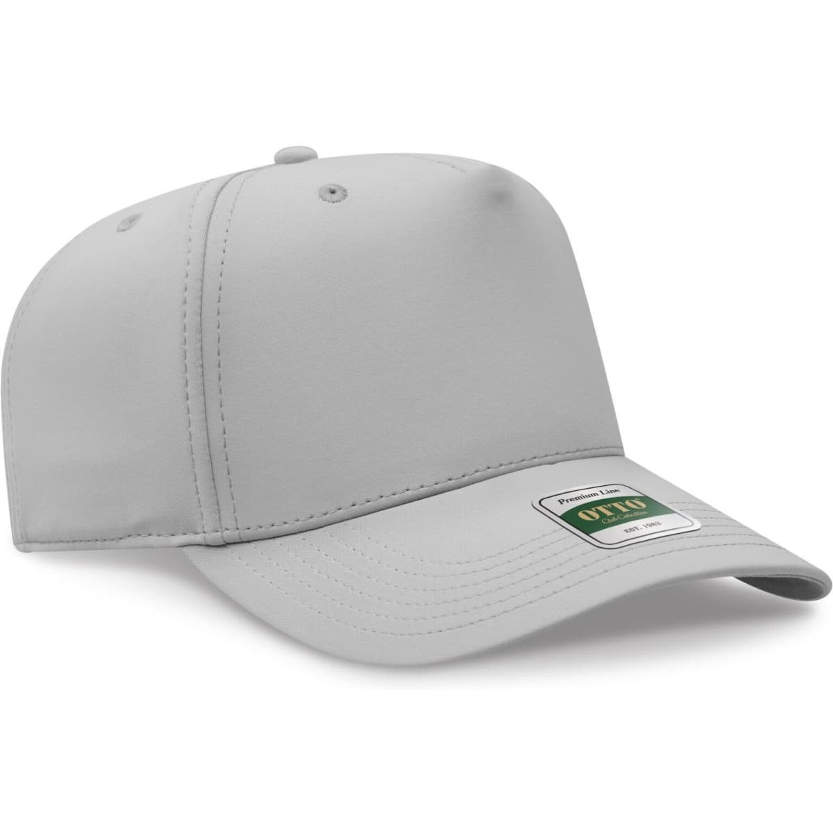 A grey 5 panel pro style cap featuring a logo on the front and a structured design.