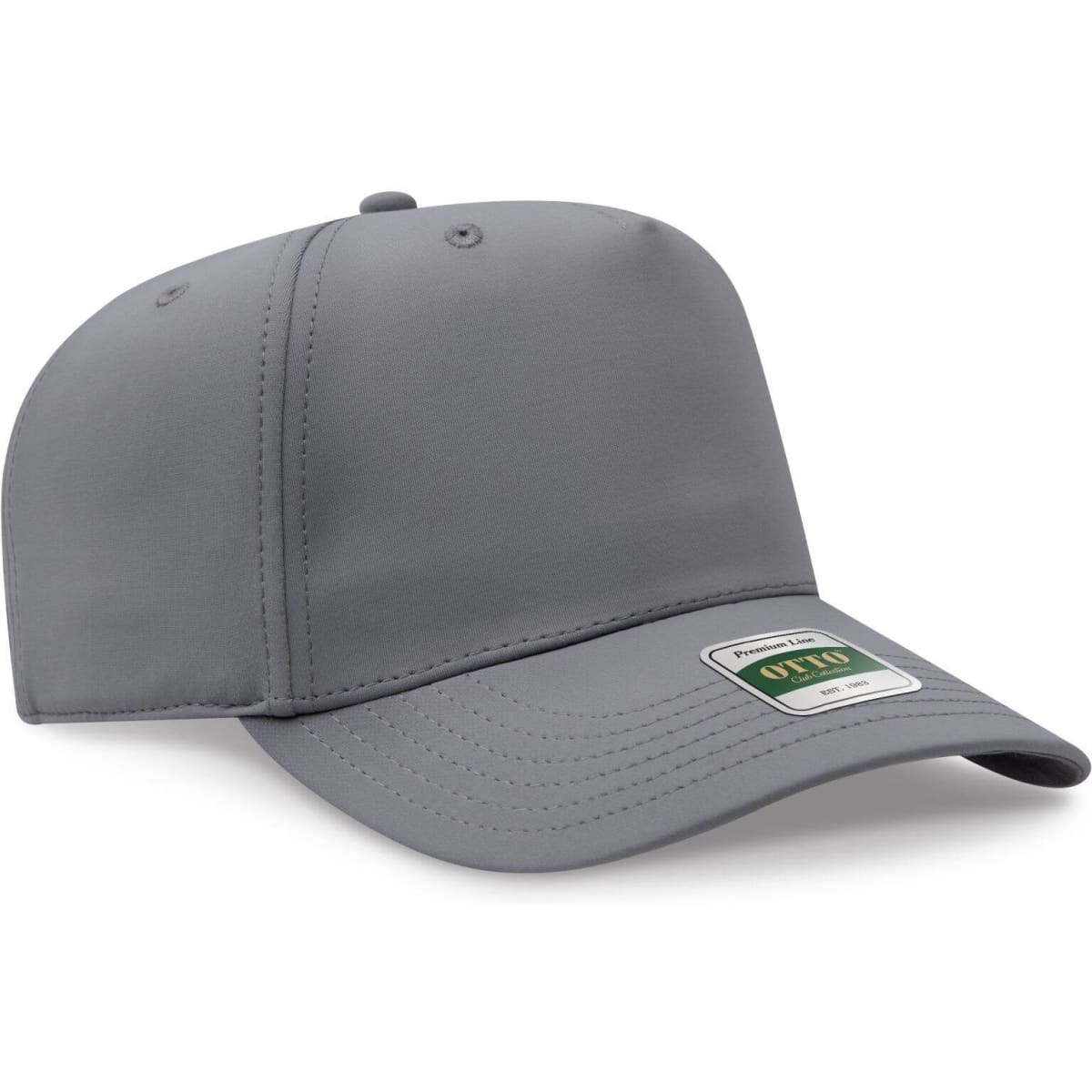 A grey 5-panel cap with a curved brim and an attached logo. The cap features ventilation holes on the top.