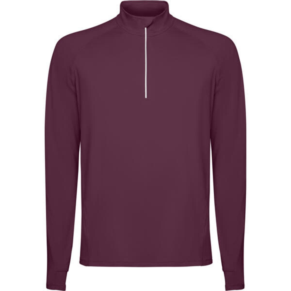 A maroon half zip sweatshirt with long sleeves and a subtle zipper detail at the neck. It features a logo.