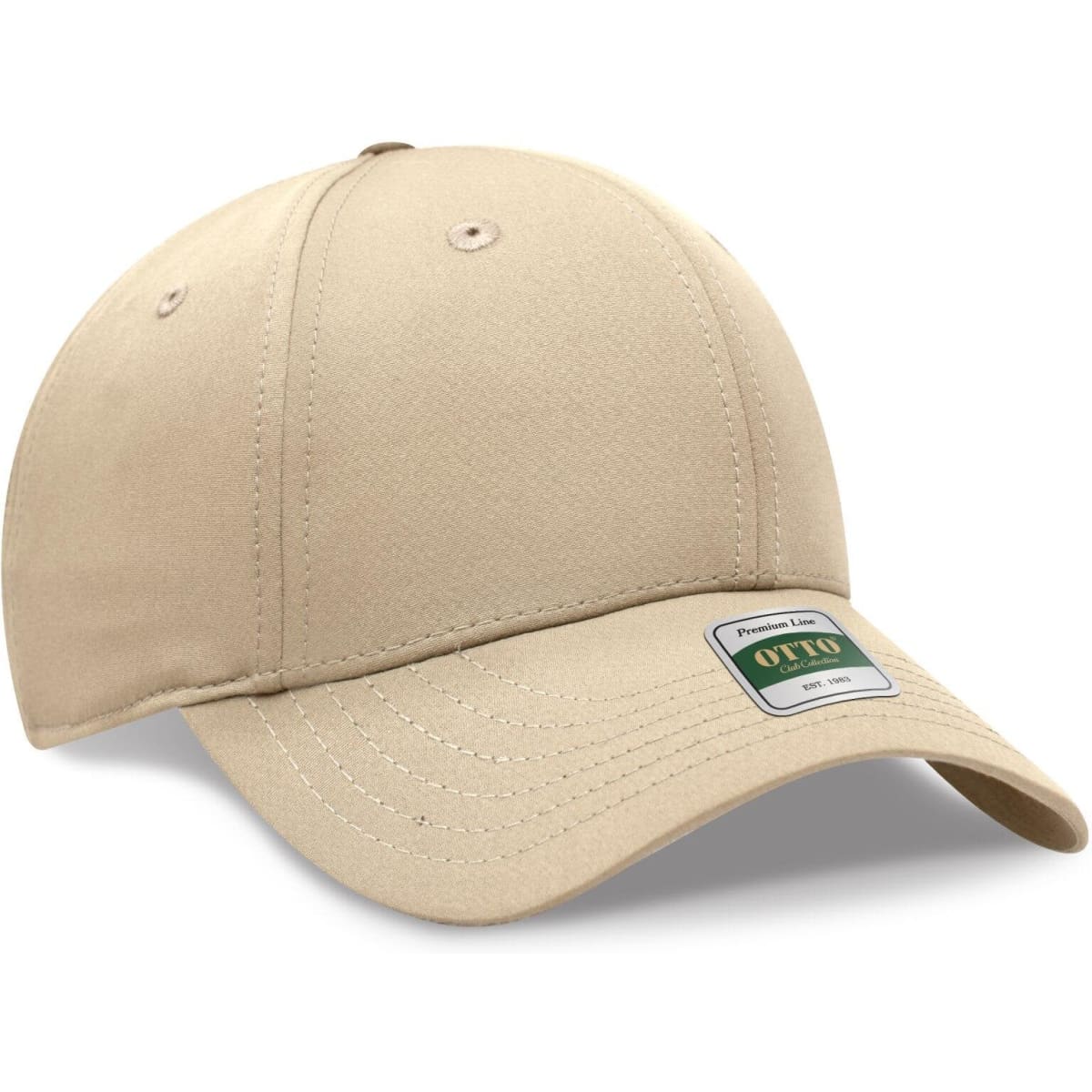 A beige six-panel cap featuring a structured design and a branded tag. Ideal for casual wear.