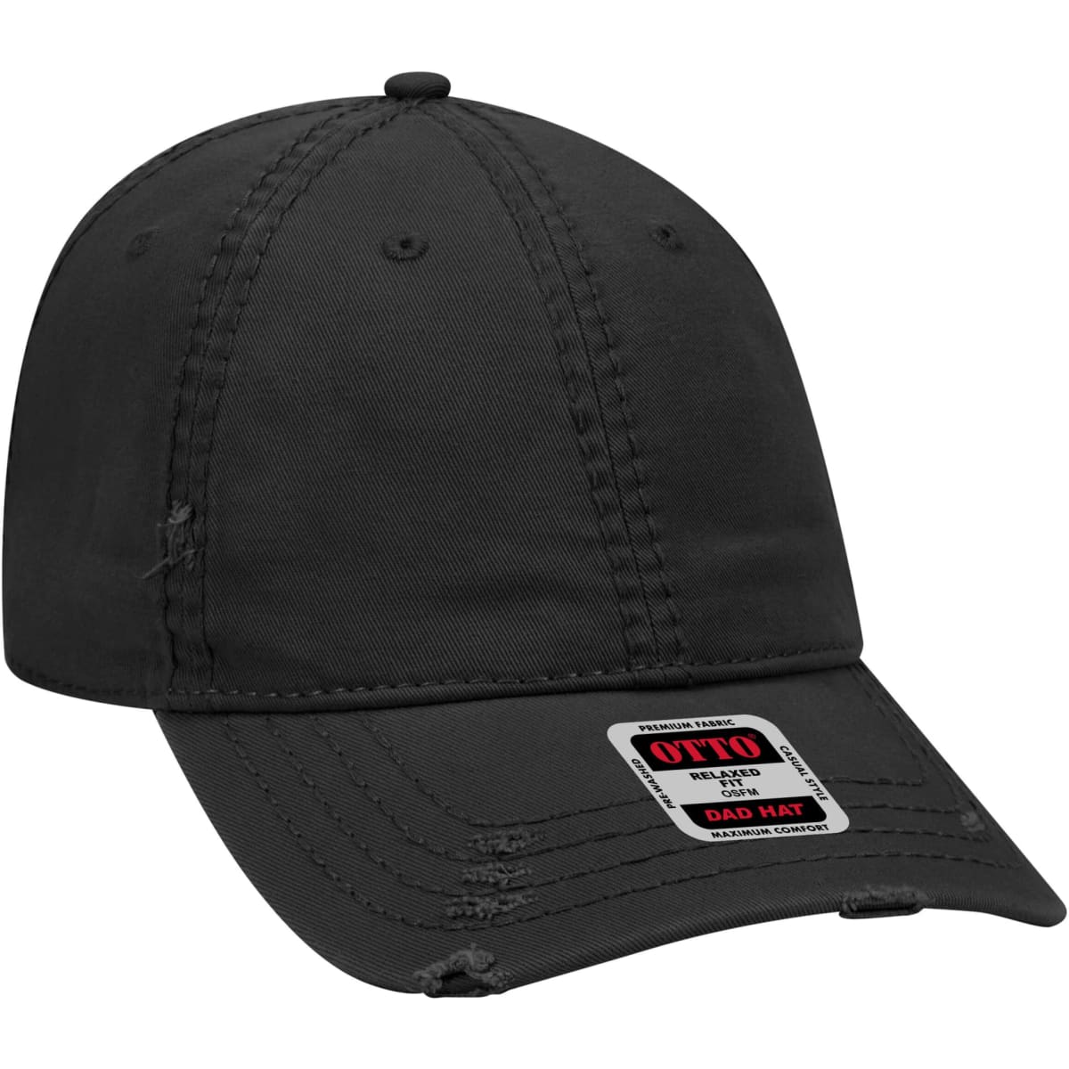 A black 6-panel dad hat featuring a curved brim and a label indicating brand and style.