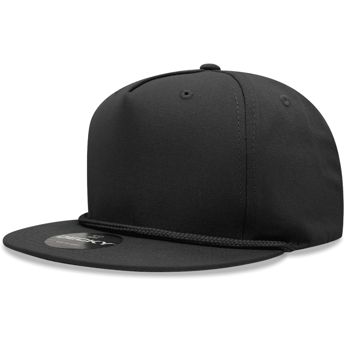 A high-profile structured snapback cap in black, featuring a braided detail on the front brim and a logo.