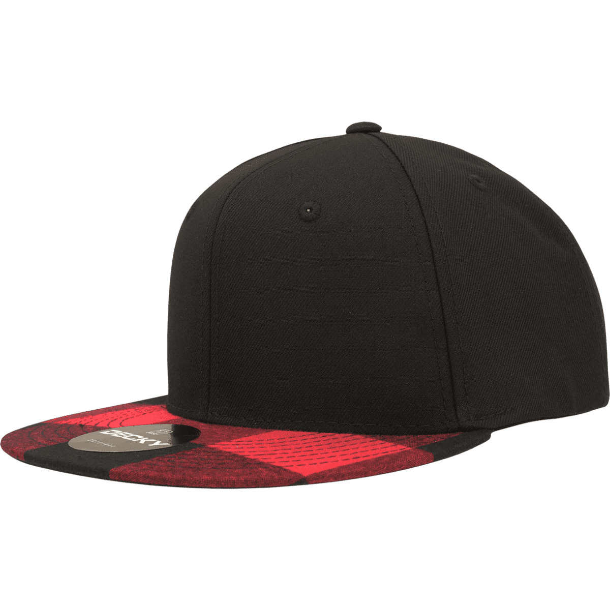 A black snapback cap featuring a red and black plaid bill, with a structured high profile and a logo on the front.
