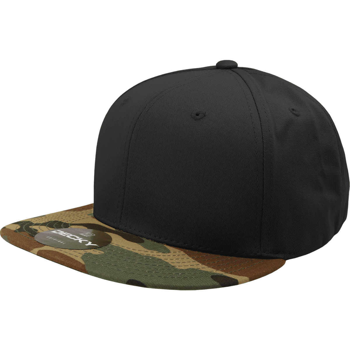 A high-profile structured snapback cap in black with a camo-patterned peak, featuring a logo on the front.
