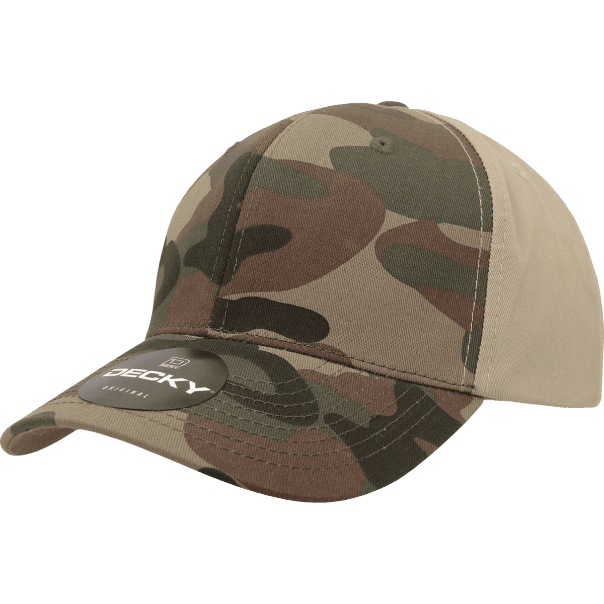 A camo cap featuring a structured mid-profile design in shades of green and brown, with a logo on the front.