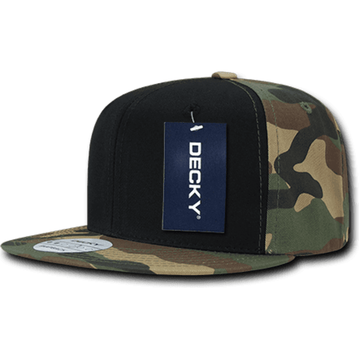 A camo-patterned snapback cap in shades of green and brown with a black panel and a brand tag attached.