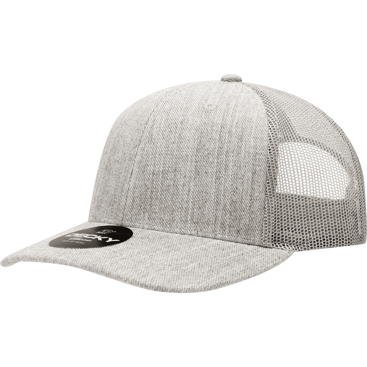 A grey trucker cap with a structured six-panel design and mesh backing. It features a logo on the front.