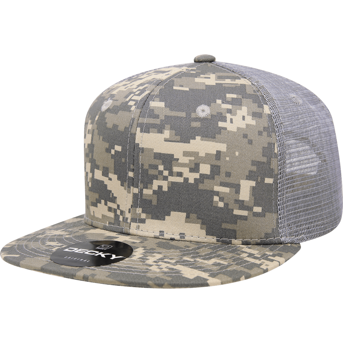 A high-profile structured camo trucker cap in shades of grey and beige. It features a mesh back and logo.