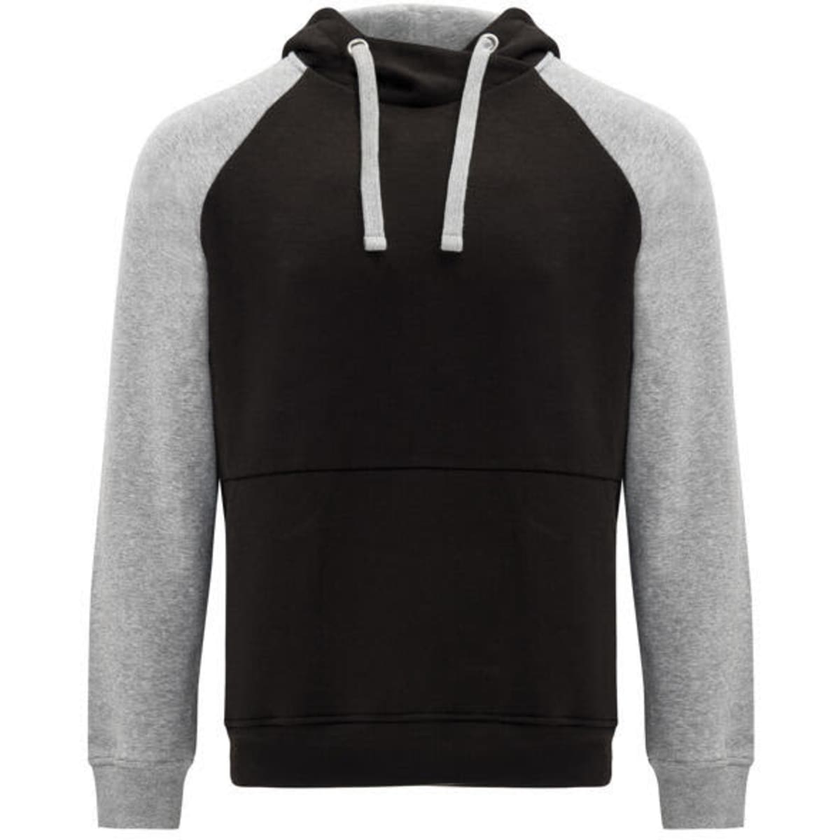 A hooded sweatshirt in black with grey sleeves and a front pocket, featuring a drawstring hood.