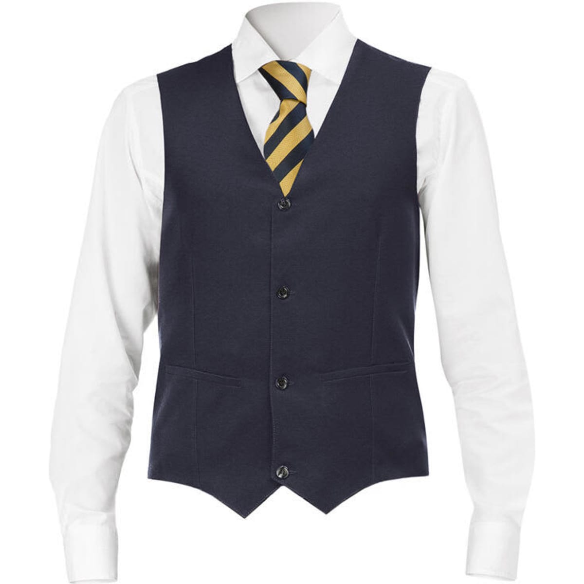 A navy vest with a white shirt and a yellow striped tie, featuring buttons and pockets. The garment has a logo.