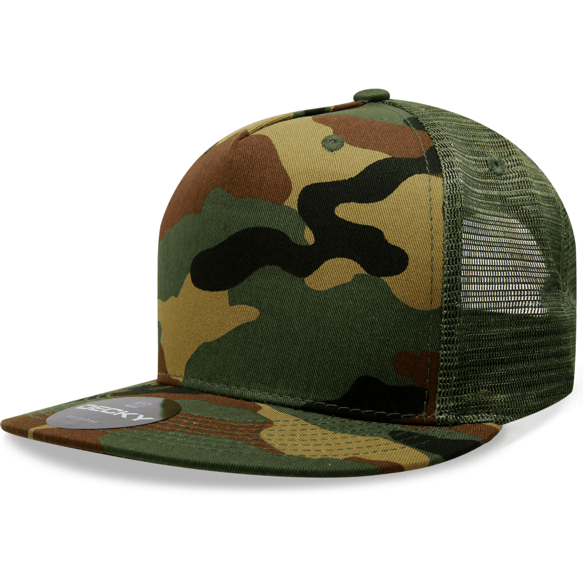 A camouflage 5 panel high profile structured trucker cap with a mesh back and a branded patch.
