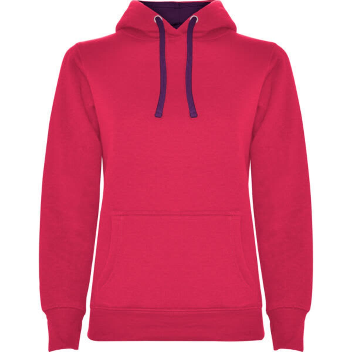 A red hooded sweatshirt with a front pocket and purple drawstrings. It features a logo on the front.