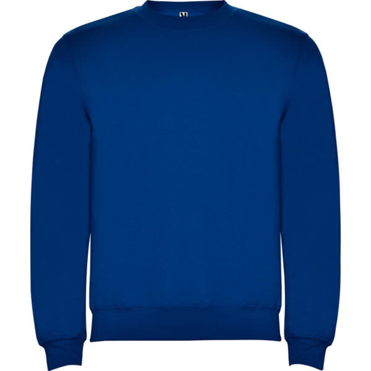 A blue sweatshirt with a round neckline and long sleeves, featuring a logo on the front.