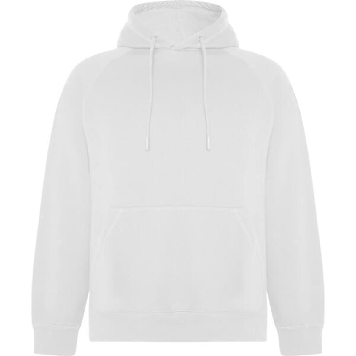 A white hooded sweatshirt featuring a front pocket and a drawstring hood. It includes a logo on the design.
