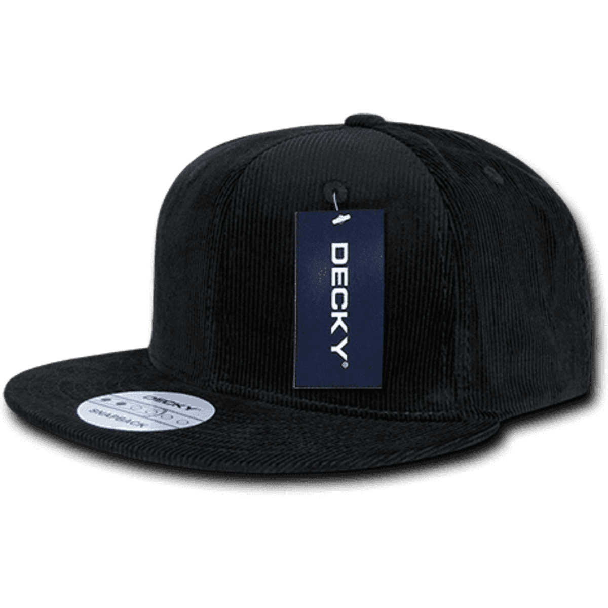 A black corduroy snapback cap with a structured 6-panel design and a tag attached.