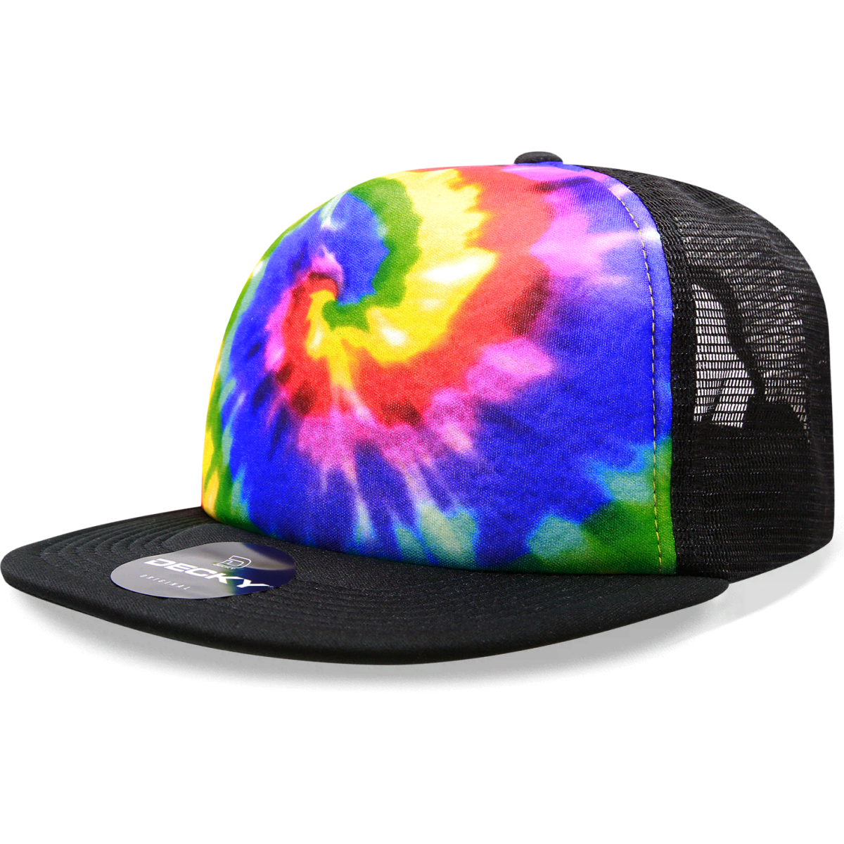 A tie-dye trucker cap featuring vibrant colours like pink, blue, yellow, and green, with a structured high profile and mesh backing.