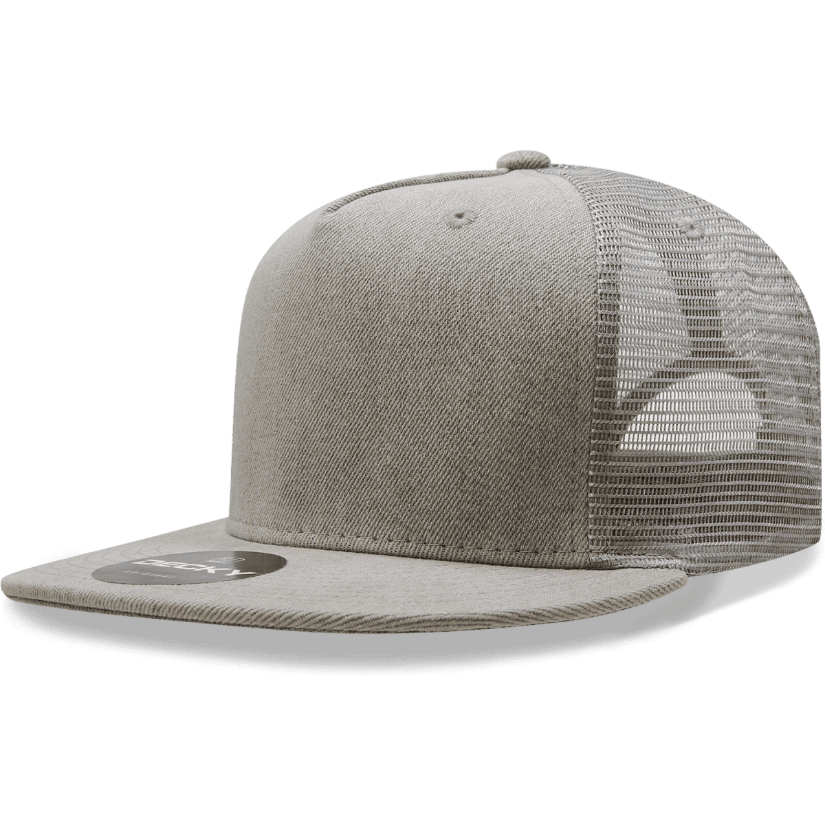 A grey 5 Panel High Profile Structured Trucker cap with a mesh back and a flat brim, featuring a logo.