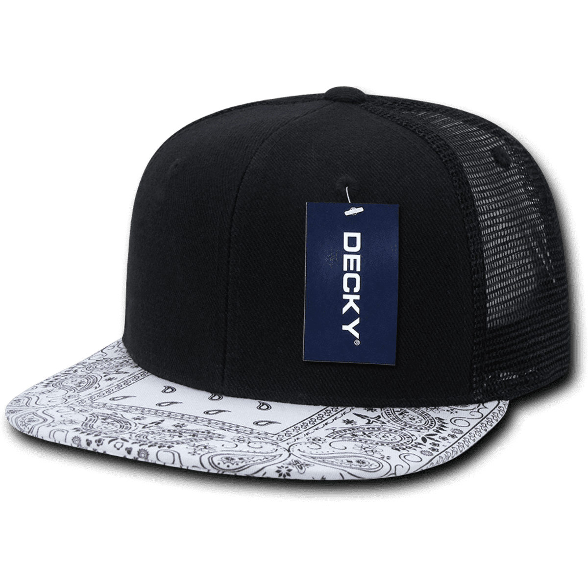 A black high-profile structured trucker cap with a patterned white brim and a mesh back. The cap has a tag attached.