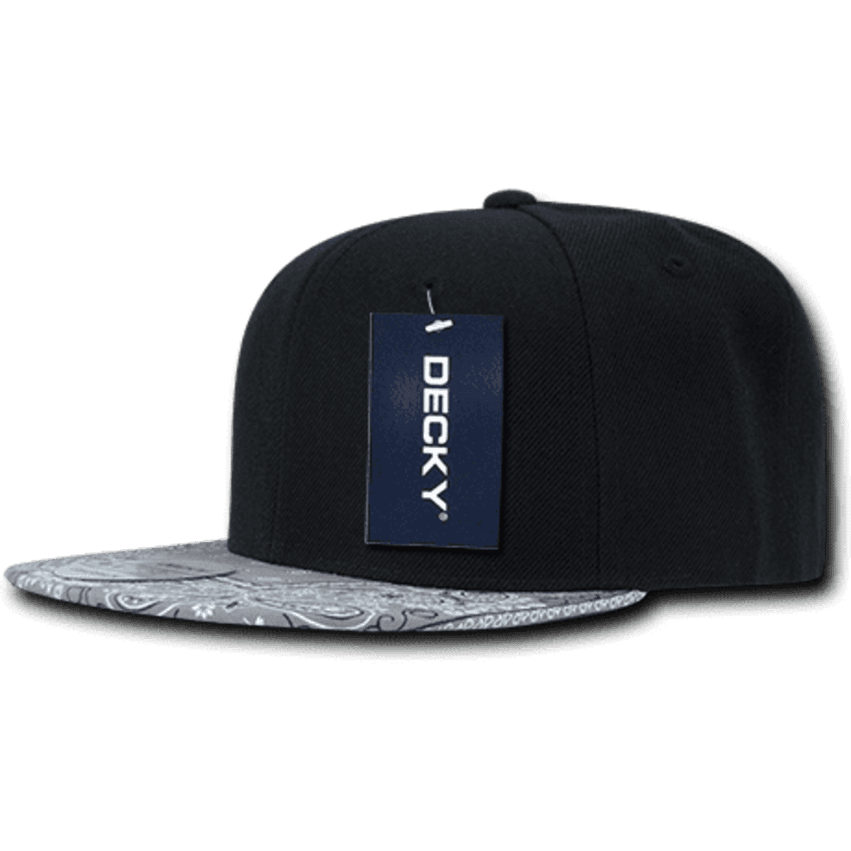 A black snapback cap with a patterned grey brim and a tag attached, featuring a logo on the front.
