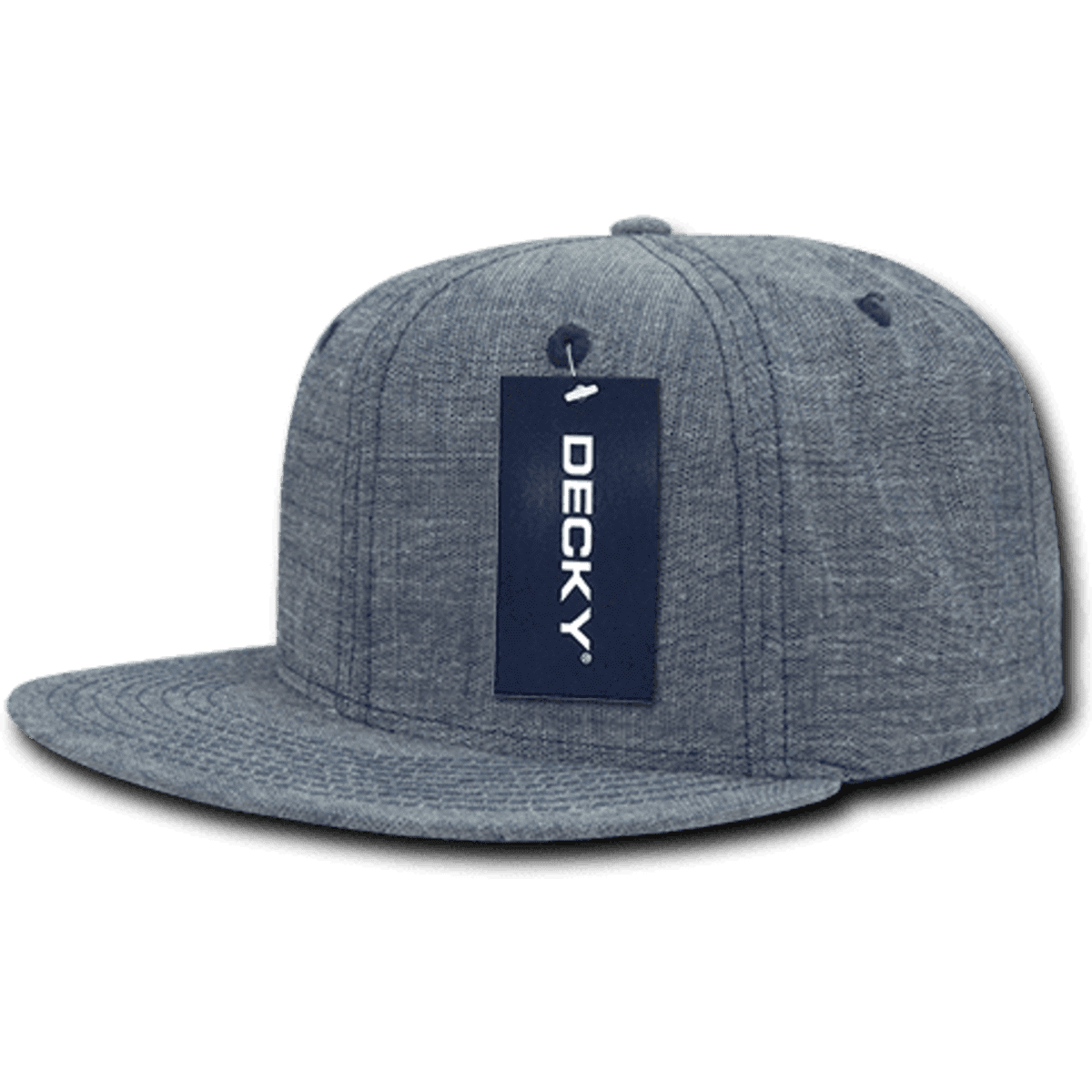 A grey 6-panel high profile structured snapback cap with a branded tag.