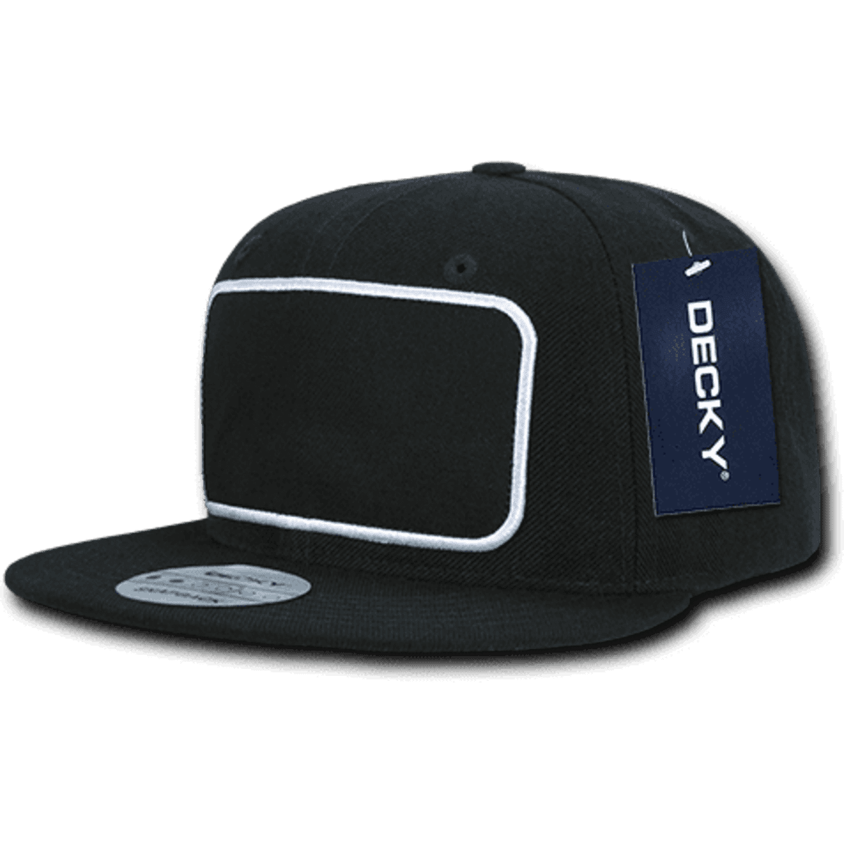A black structured snapback cap with a patch area for custom designs and a branding tag.