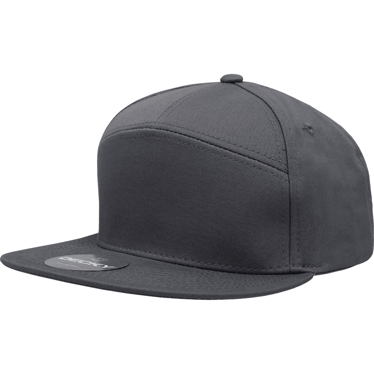 A dark grey 7 panel high profile structured cap with a flat brim and a branded logo.