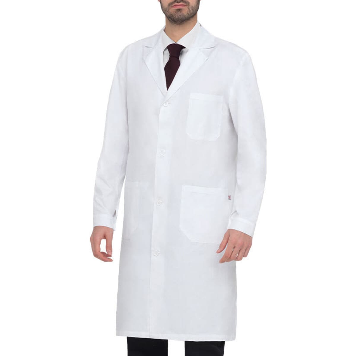 A white lab coat with a collar and two front pockets, worn by a man. The coat has a branding logo.